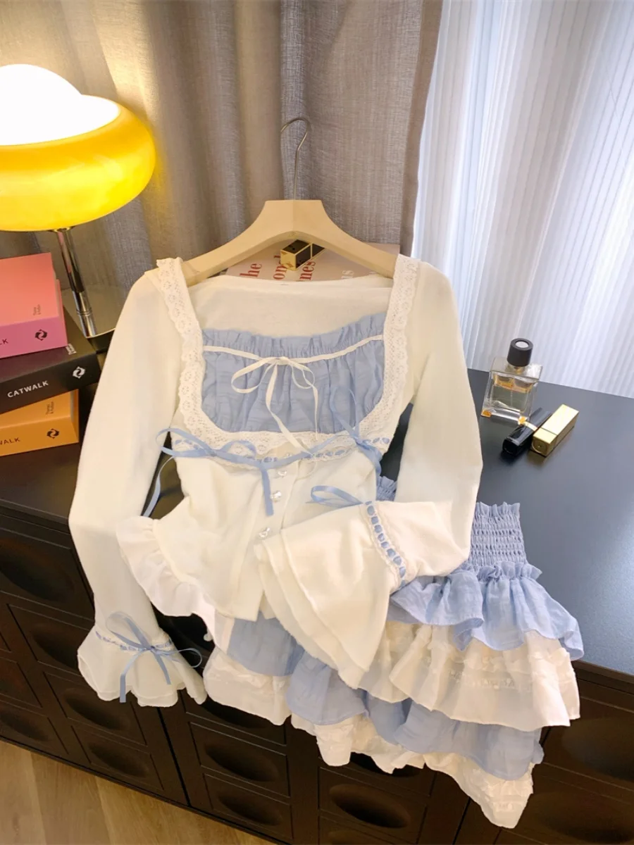 

Ballet Style Set Lace Bow Ribbon Contrasting Patchwork Waist Cinching Top Sweet Pleated Skirt Women's Tight Two-piece Set 2025