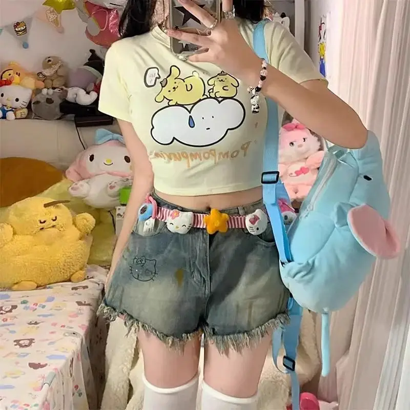 سانريو مرحبا كيتي أنيمي النمط الأمريكي الصيف الرجعية السراويل عالية الخصر اليابانية الحلو لطيف فتاة الترفيه واسعة الساقين الدنيم السراويل #4