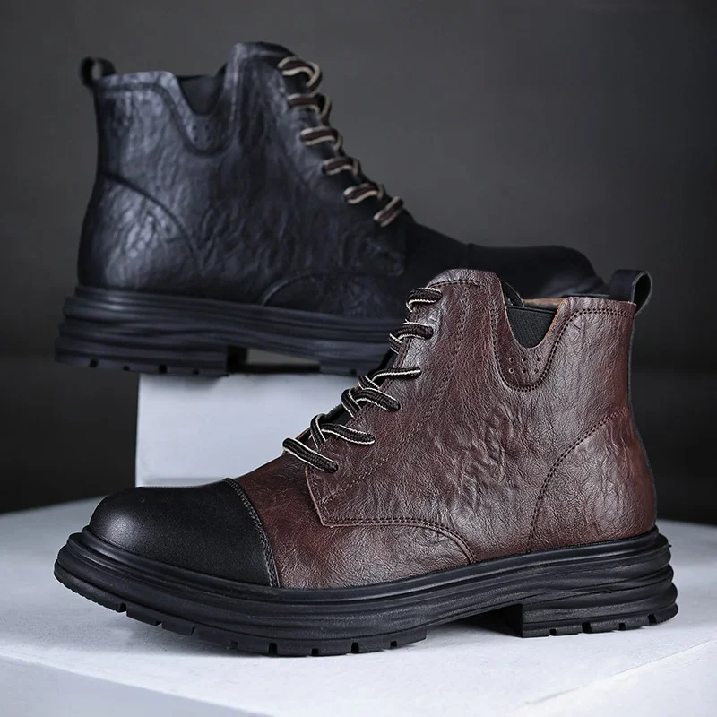 Trendige Herrenstiefel Thi Bot oes ort Booties Large Head Briti Sle Winter Faion Lässige Lederstiefel