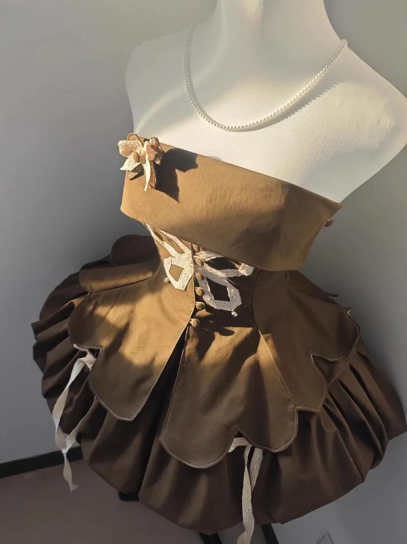 夏の新作ロリータドレス、ボウ付きイレギュラーストラップレス トップ、バックレスふわふわ花柄つぼみスカート、ツーピースセット、セクシーミニスカート、Y2Kスカート