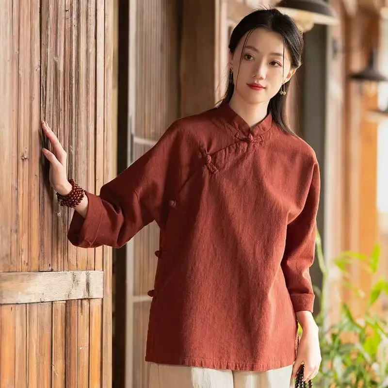 جديد الصينية Sle فضفاضة تناسب القطن الكتان irt المرأة كبيرة الحجم طويلة Sve الوقوف طوق ZenInspired رداء علوي غير رسمي