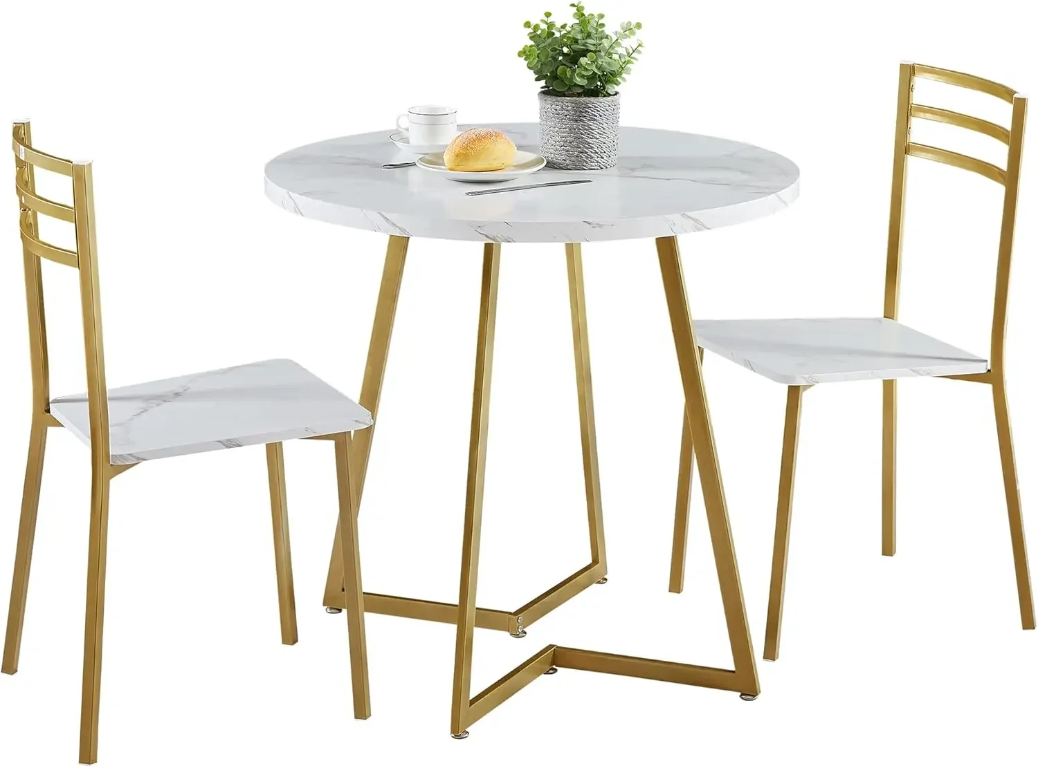 Small Round Dining Table Set for 2, Wood Tabletop with Strong Metal Frame, Modern Dinette with Chairs for Kitchen, Breakfast