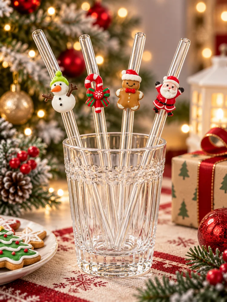4PCS Reusable Bent Clear Glass Straw, Christmas Santa Snowman Candy Cane Decor, Party Gift for Drinks