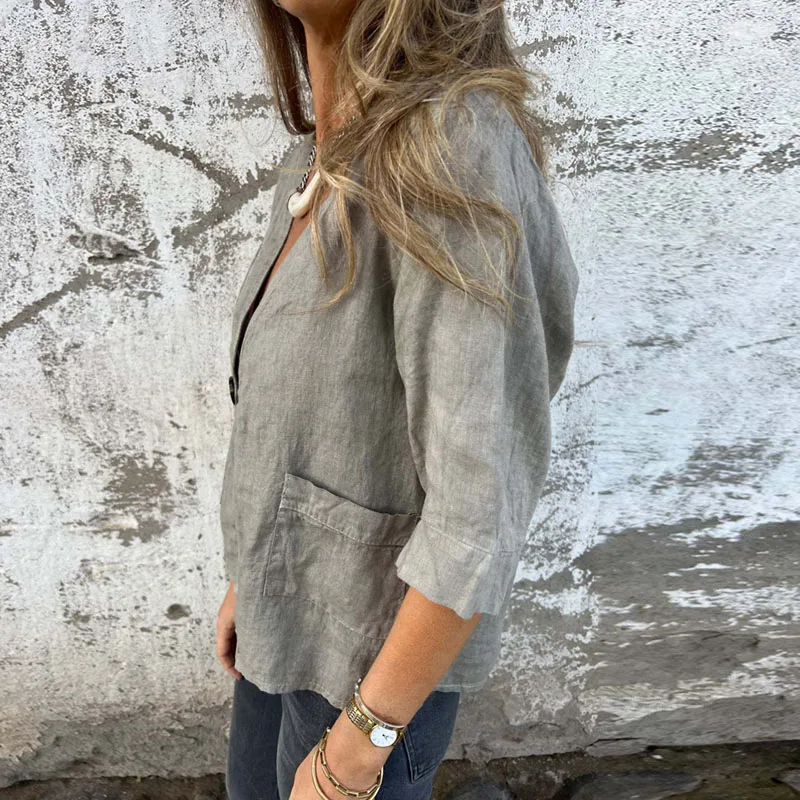 Simples vintage com decote em v algodão linho casaco elegante único botão mulher topos cardigan outono meia manga blusa camisa harajuku mujer