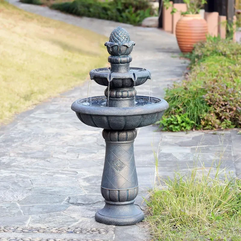 2-Tier Birdbath Water Fountain Outdoor Garden with Shallow Basin