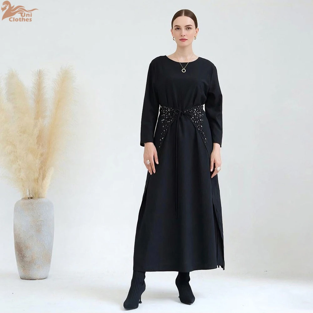 Ramadan Three-Piece Islamic Clothing Set for Women Elegant Muslim Modest Black Abaya Dress with Hijab Outfit Turkey Kaftan Robe