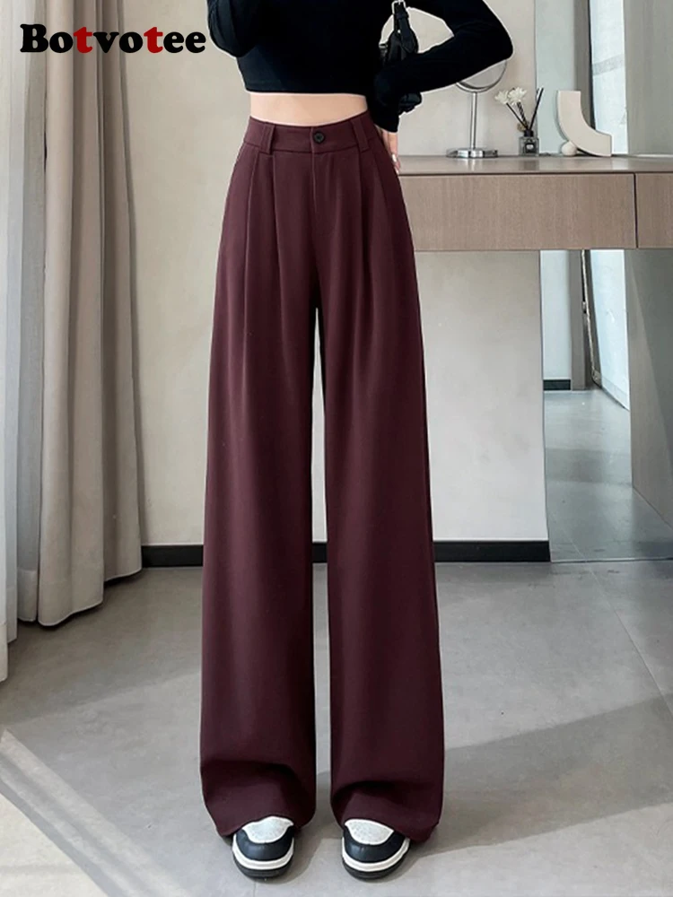 Botvotee Burgundy Suits Pants for Women Office Lady Elegant High Waist Wide Leg Fashion Trousers with Pockets Black Gray