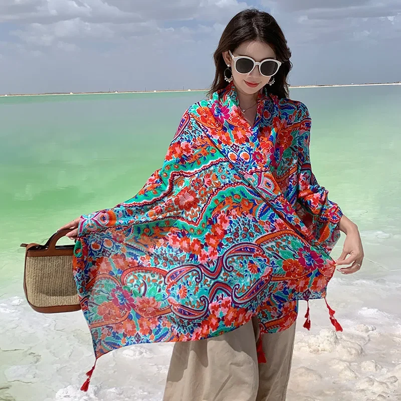 

Summer Beach Shawl Ethnic Print Scarf Comfortable Outdoor Wrap for Vacation Photography and Travel Marque De Luxe Femme