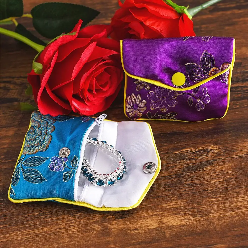

Gifts Silk Embroidery Container Zipper Coin Purse Snap Handmade Floral Brocade Handbags Wallet Jewelery Storage Jewelery Bag