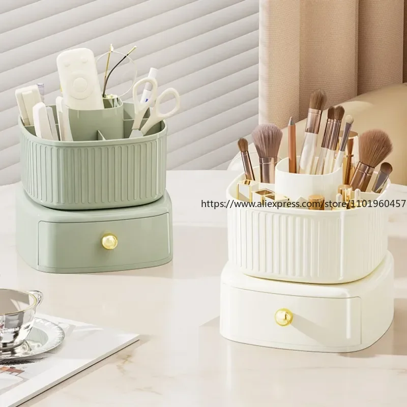 

Makeup Brush Box With Drawer 360° Rotating Makeup Organizer Holder Skincare Cotton Pads Lipstick Storage Case for Vanity Table