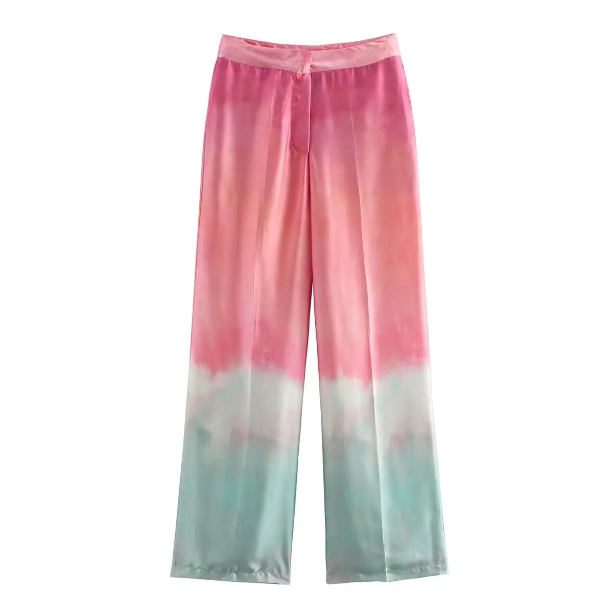 Woman Tie-dye Print Shirt Pants Set V-neck Long Sleeves Satin Shirt High Waist Wide Leg Silken Pants Fall New Female Chic Suit