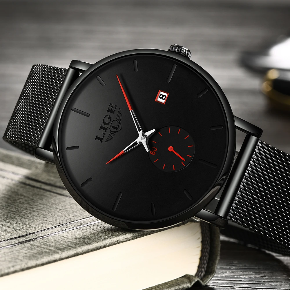 LIGE 2023 New Fashion Mesh Belt Mens Watches For Men Waterproof Quartz Wristwatch Male Stainless Steel Clock Date Casual Watch