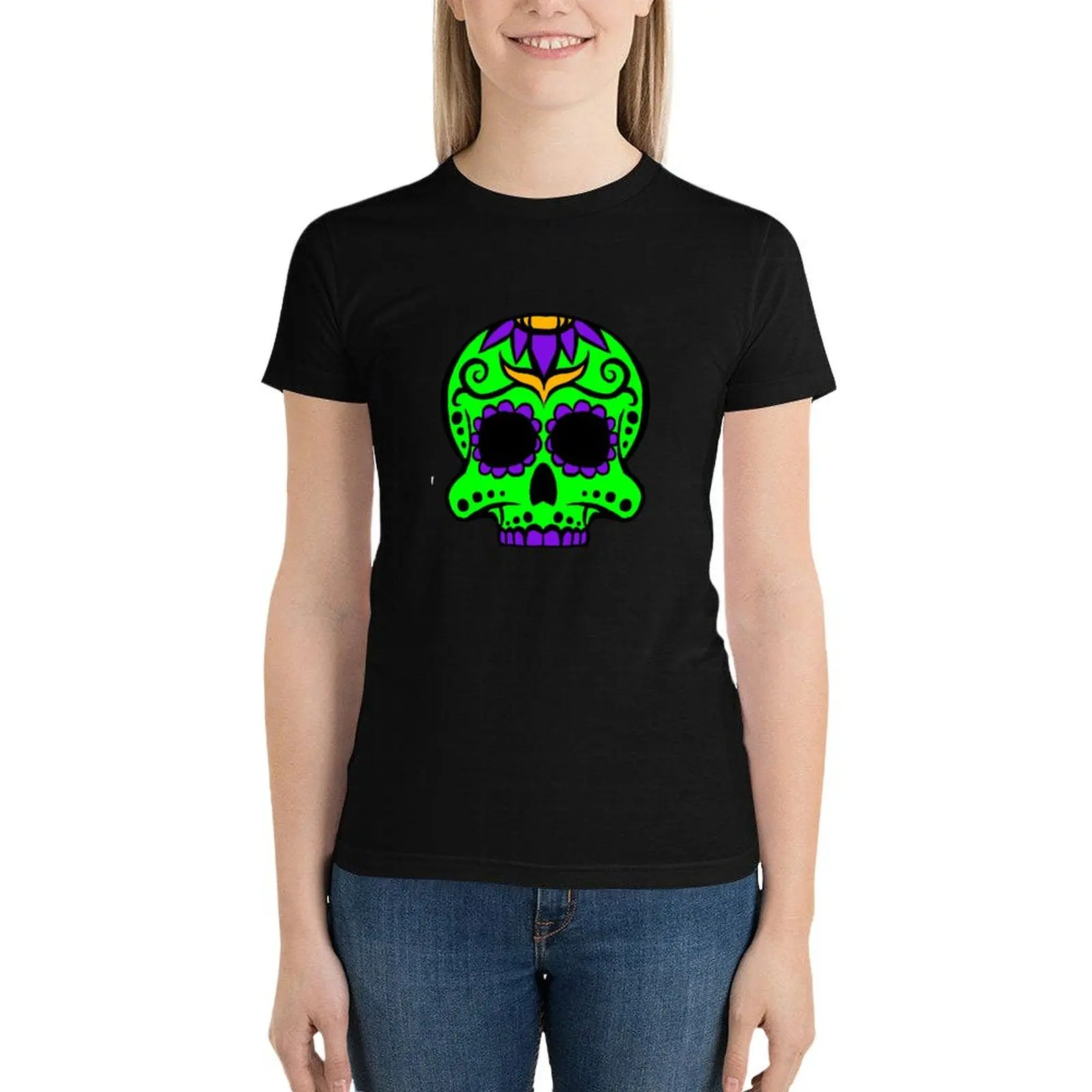 Camiseta del día de los muertos para mujer, ropa bonita de secado rápido, vestido sexy de talla grande, Calavera 3 verde y púrpura