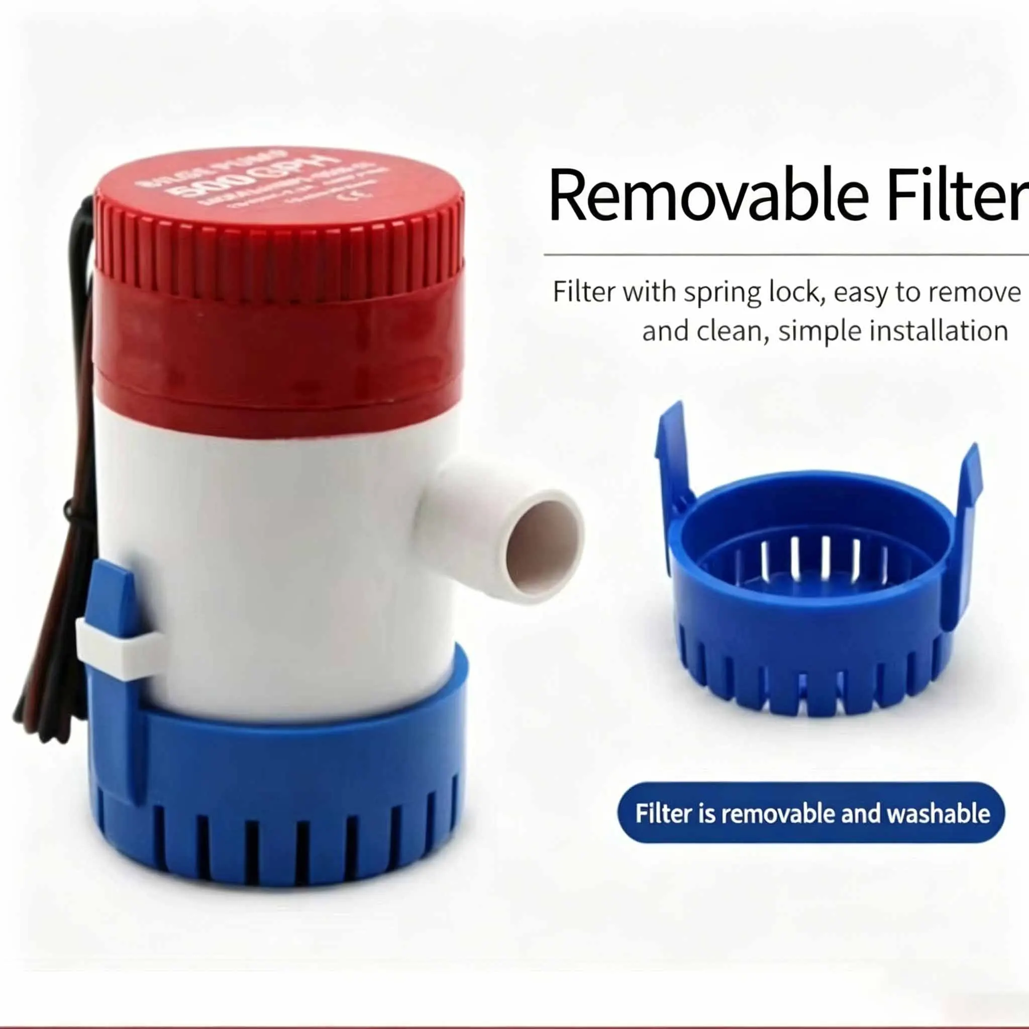 Bilge Pump 12V 24V Submersible Pump 1100/750/500GPH Removable Strainer for Boat Seaplane RV Houseboat Marine Drainage
