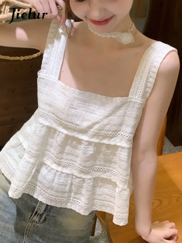 Jielur Summer New Solid Color Slim Women's Tank Sweet Lace Embroidery Tank Woman White Apricot Simple Chicly Tank Top Female