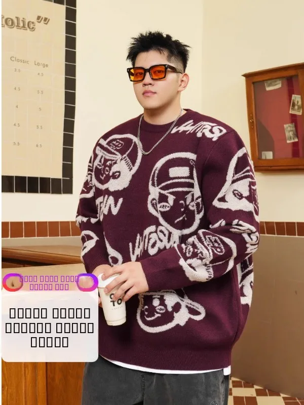 

Trendy plus Size Men's Knitwear round Ne Embroidered Cartoon Winter Warm Casual Faionable Oversized Sweater for Fat Men