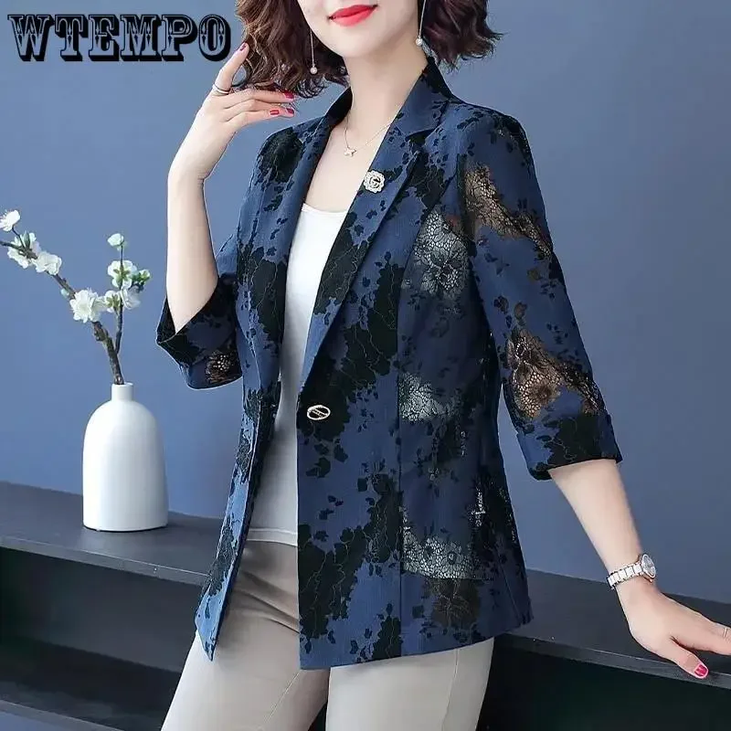 WTEMPO Women Blue Blazers Chic Tops Long Sleeve Women\'s Jacket Lace Suits Outerwear Stylish Tops Drop Shipping