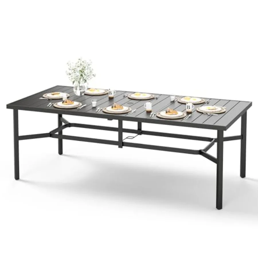 Outdoor dining table for 8, black metal, weather-resistant finish, includes umbrella hole and reinforced legs for stability