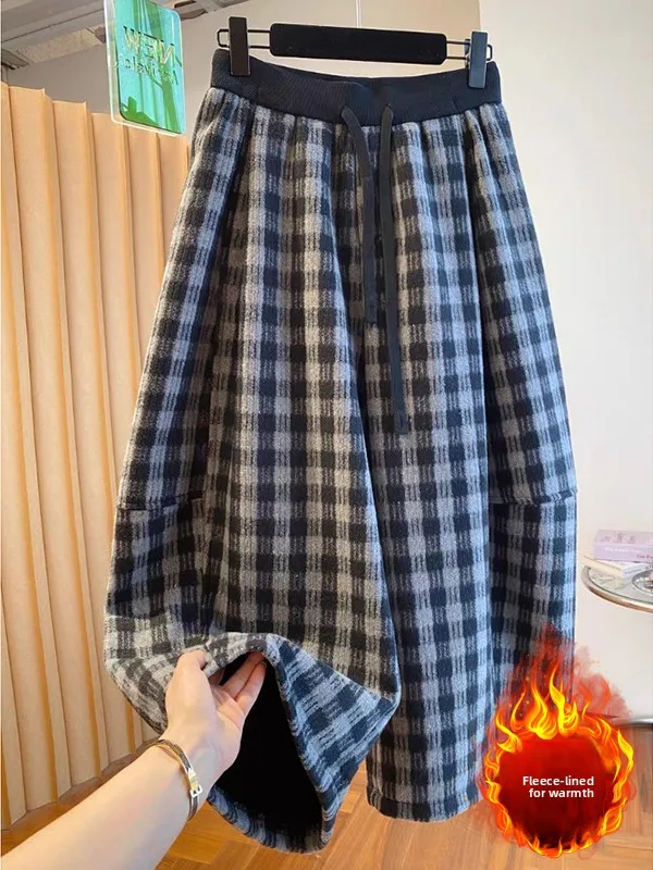 

Thiened Fce Wide Leg Plaid Balloon Pants High Waist Autumn Winter Casual Trousers for plus Size Women Trendy Ladies Jeans