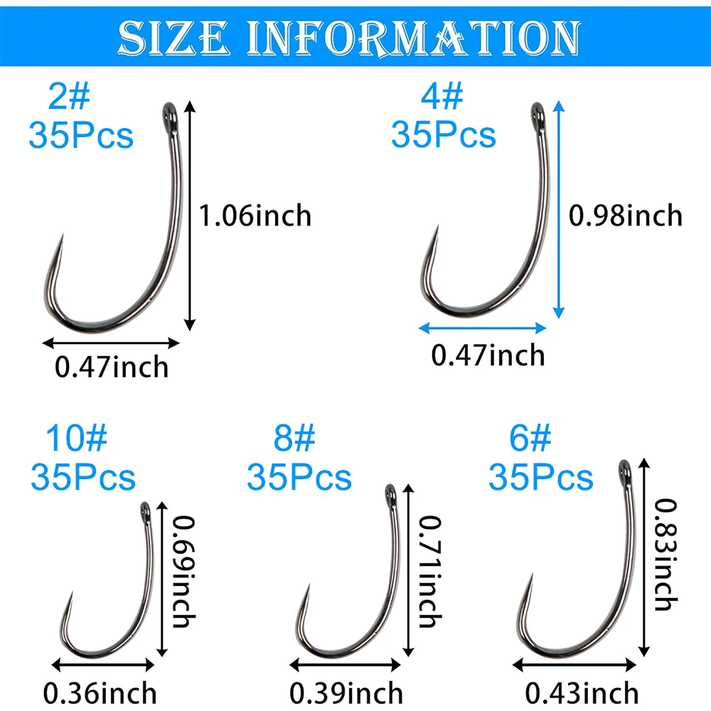 175Pcs/Box Barbless Fishing Hook Kit Carp Fishing Hooks Curve Shank Wide Gap Circle Fly Tying Hooks 2#,4#,6#,8#,10#