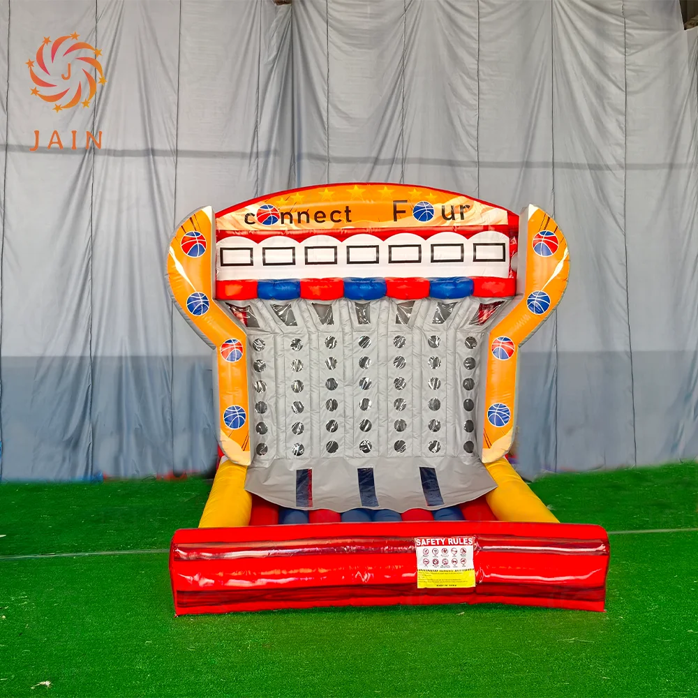 Nadmuchiwany kosz do koszykówki na wynajem na imprezy, nadmuchiwana gra Connect 4 z koszykówką, strzelanie do tarczy z dmuchawą na imprezy plenerowe.