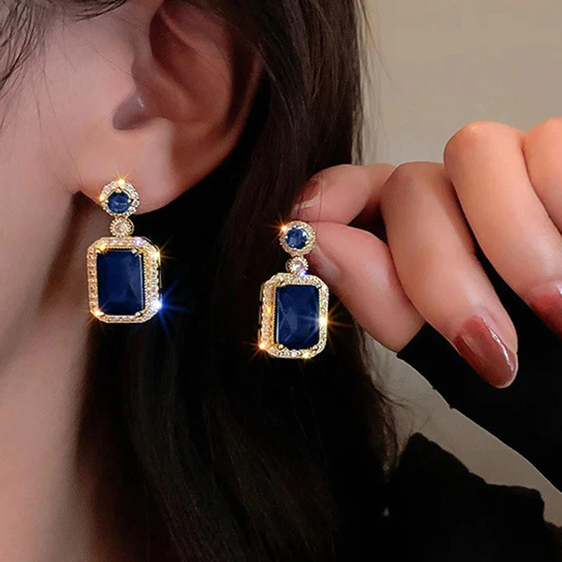 Gold Color Blue Stone Earrings Women Luxury Dangle Ear Rings For Wedding Engagement Party Anniversary Jewelry Gifts KDE254