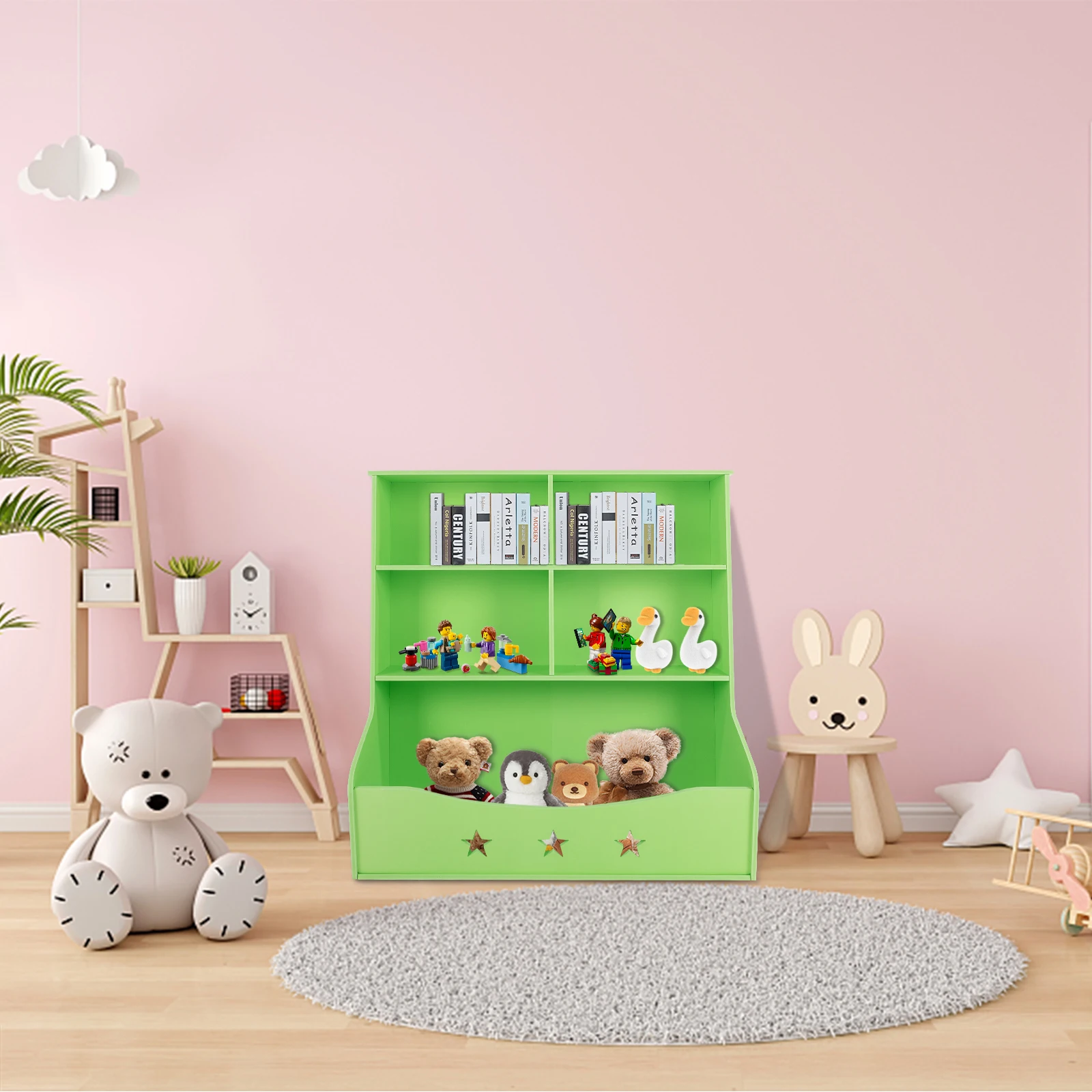 

3-Tier Kids Bookcase – Child-Friendly Storage with Vertical Compartments & Large Top Shelf – Light Green PVC Bookshelf