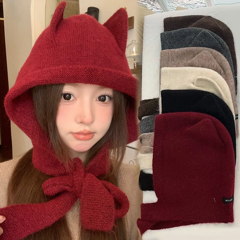 Korean Solid Color Wool Fluffy Cat Ear Knitted Hat Autumn Winter Thickened Warm Hats Fashion Protection Ear Neck Protection Cap