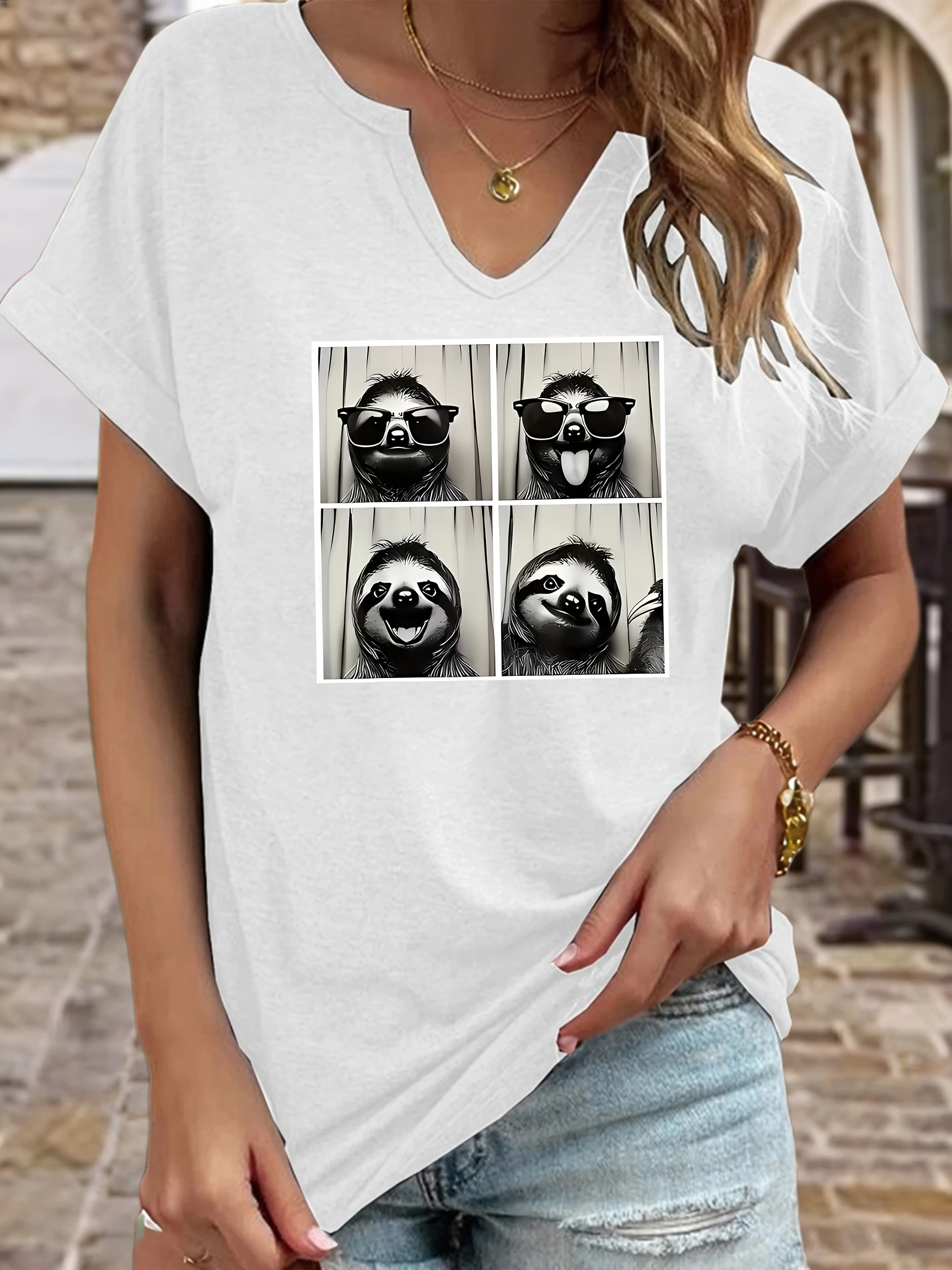 Women's Summer Crew Neck Short Sleeve T-Shirt, Funny Sloth Photo Booth Print, Cool Sunglasses Animal Graphic Casual Top
