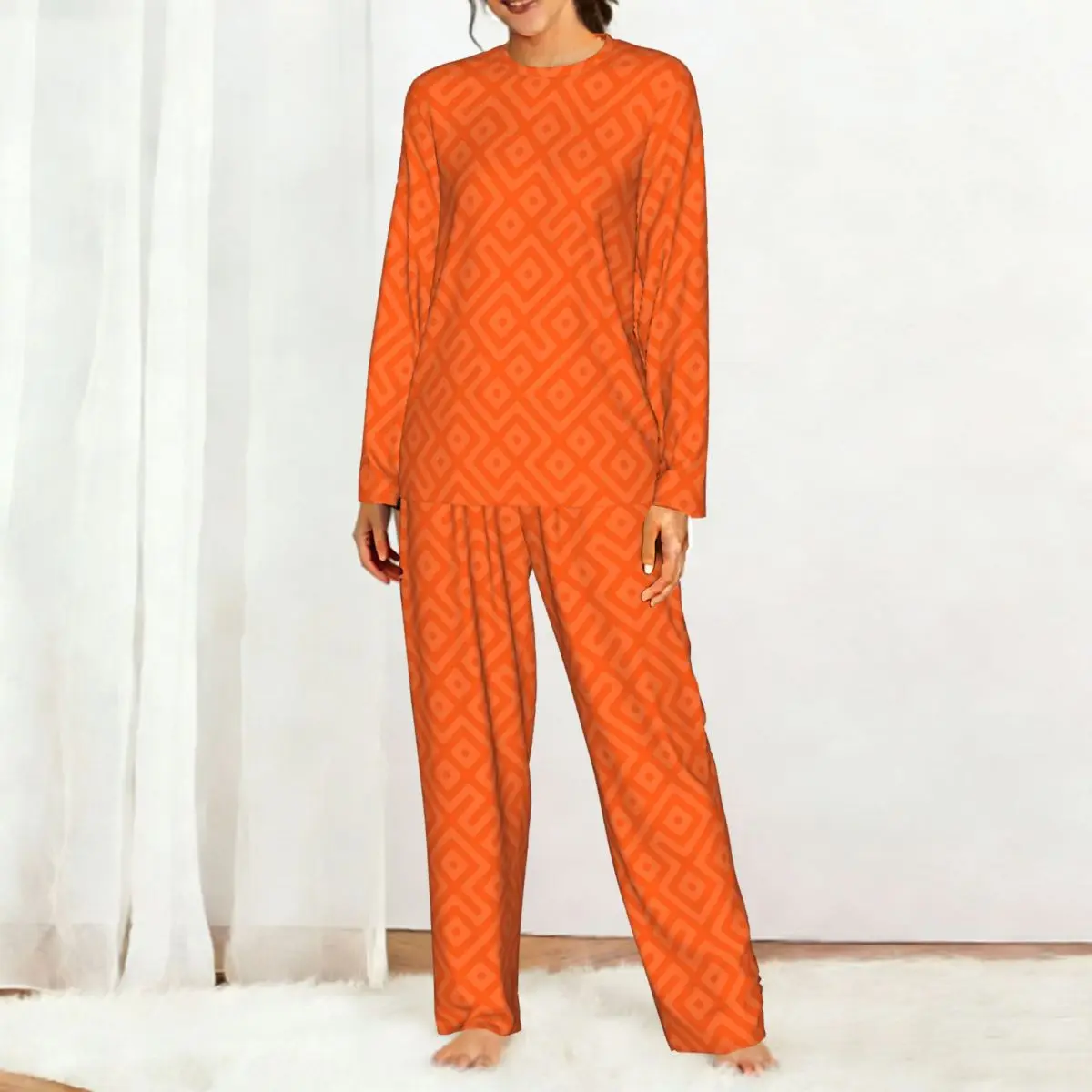 Beautiful Orange Middle-Eastern Endless Oriental Round Neck Long Sleeve Nightgowns for Sleeping Women Loose Pajama Set Long Pant