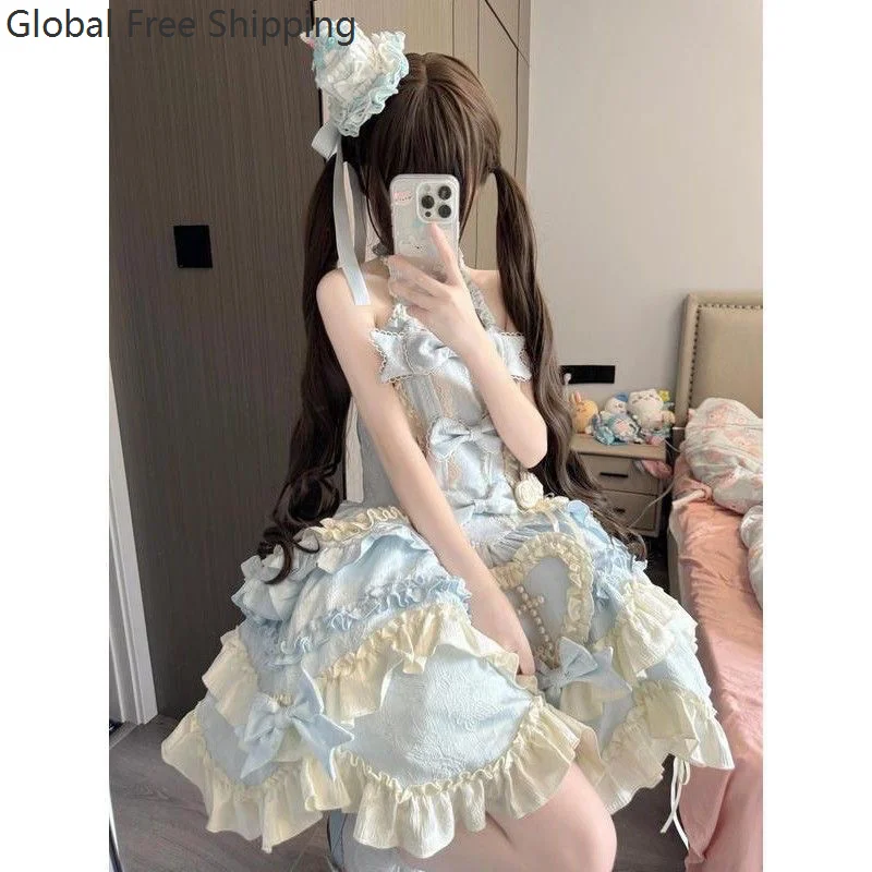 

2026 Japanese Sweet Lolita Kawaii Elegant Dress Women Y2k Bow Design Princess Mini Dress Female Lace Birthday Party Chic Outfits