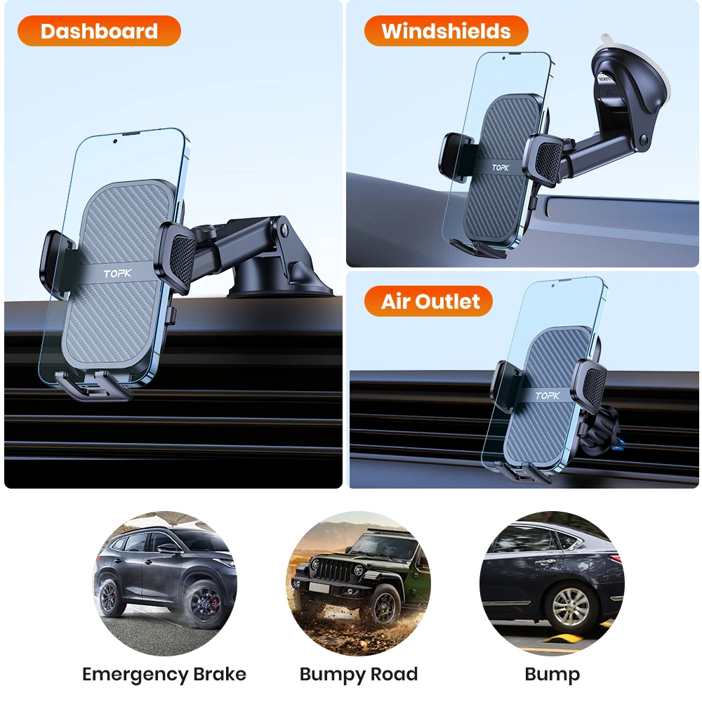 TOPK-Soporte de teléfono para coche, montaje superestable para salpicadero de coche, parabrisas, ventilación de aire, Compatible con todos los teléfonos móviles