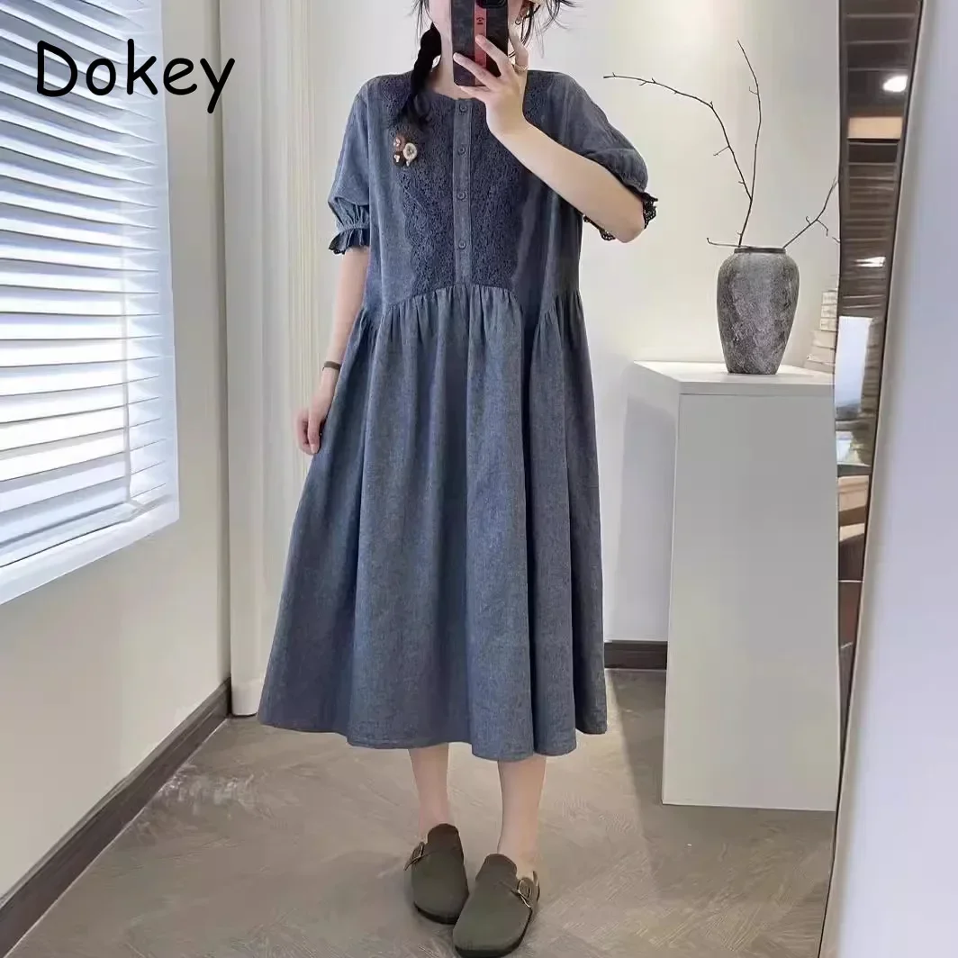 Vintage Mori Embroidery Cotton Linen Dress Women Elegants O-neck Loose Puff Sleeve Dress Spring Summer A-line vestido feminino