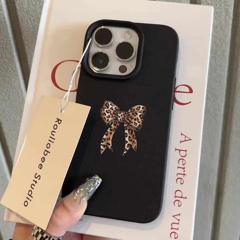 Stylish Leopard Print Bowknot Design Soft Phone Case For iPhone17 Pro Max 17Air 16 15 14 Pro 13 12 11 XR XS Lychee Pattern Cover - view 2