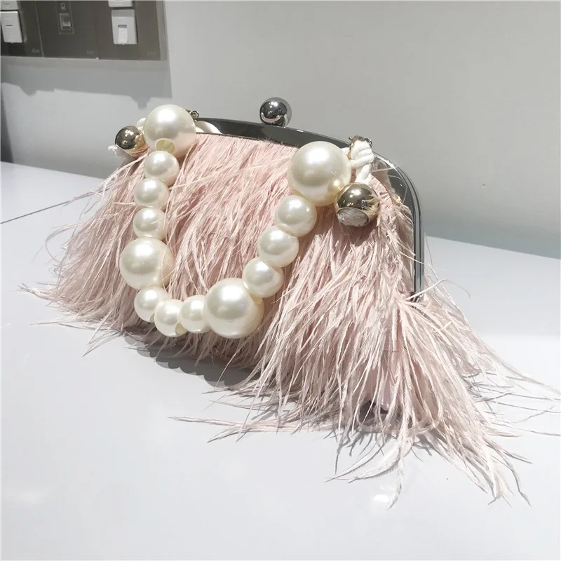 Luxury Design Women's Pearl Chain Handbags Faux Ostrich Fur Evening Bags Fashion Pink Purses Furry Clutch with Crossbody Chain - view 2
