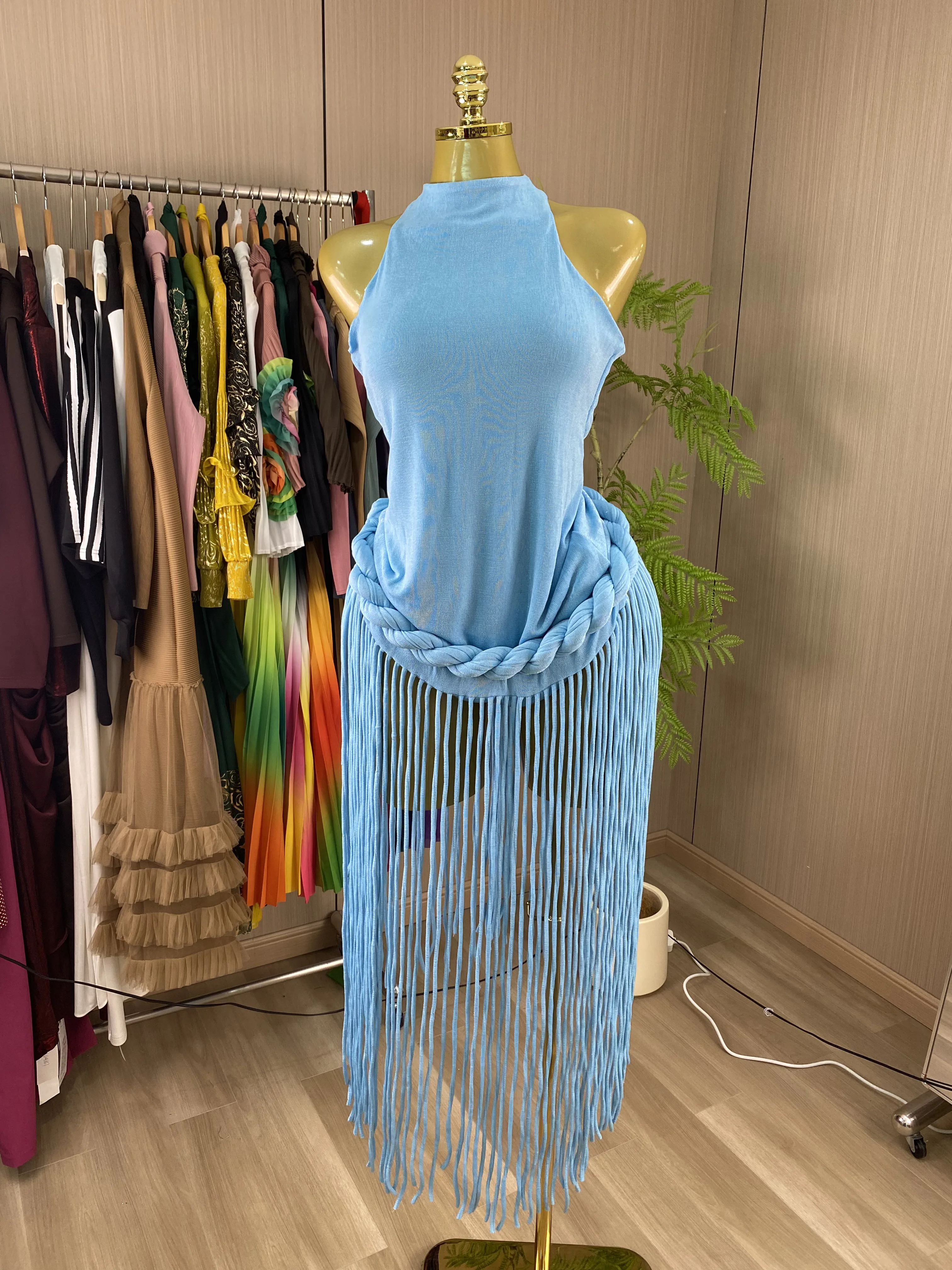 Sexy Women's Sleeveless Velvet Backless Tassel Midi Party Dress-GZXX1079
