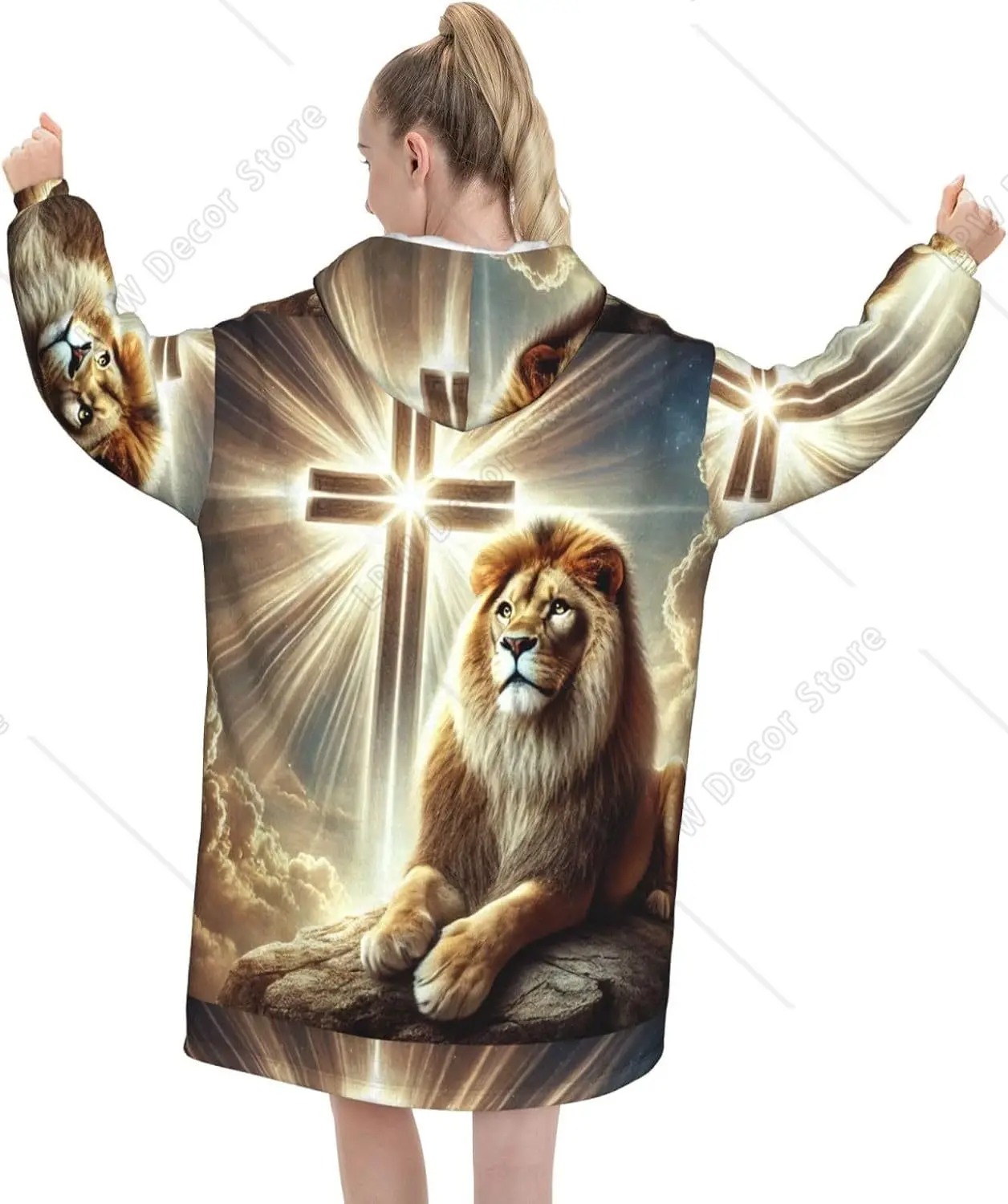 Adult Long Sleeve Flannel Hoodie Blanket Jesus Lion Cross Soft Fuzzy Hooded Sweatshirt Lounging Pullover