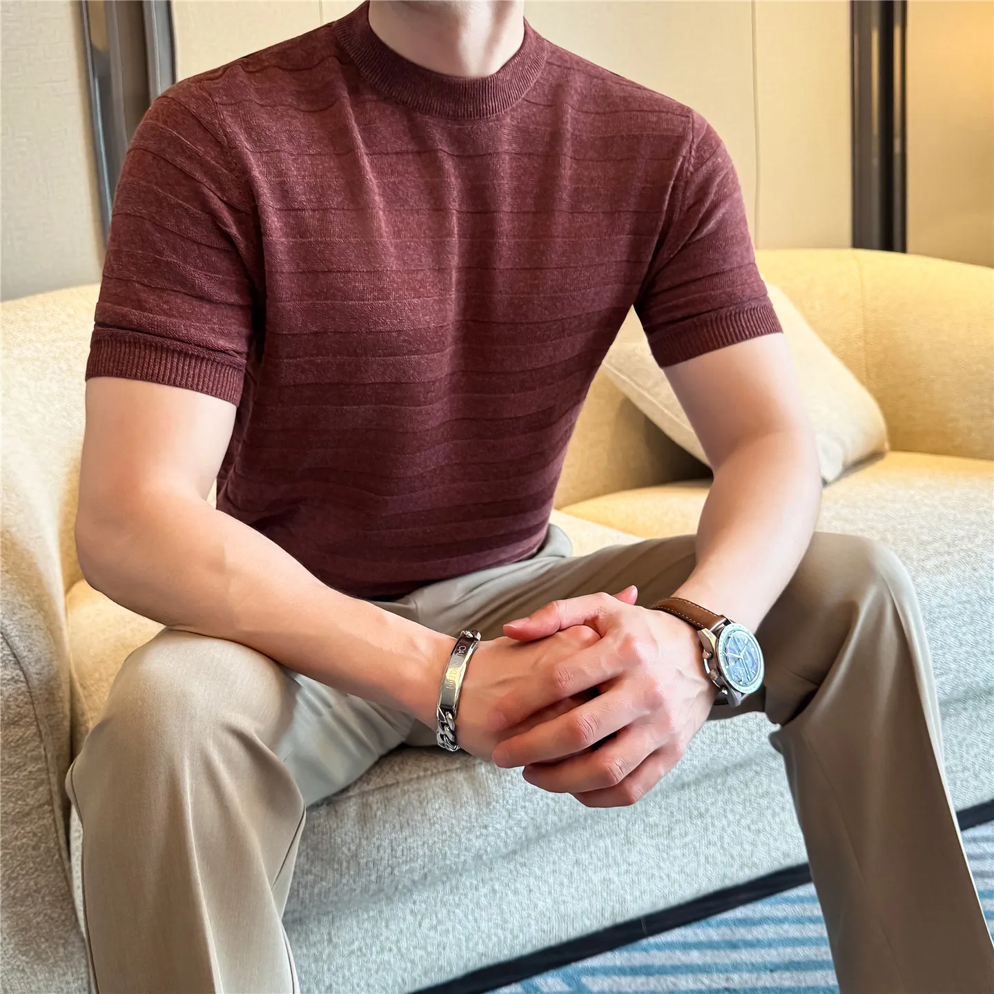 New Good Breathable Linen Knit Tees Summer Slim Basic Lyocell Knitwear Short Sleeve Tops Pullover Knitting Shirts
