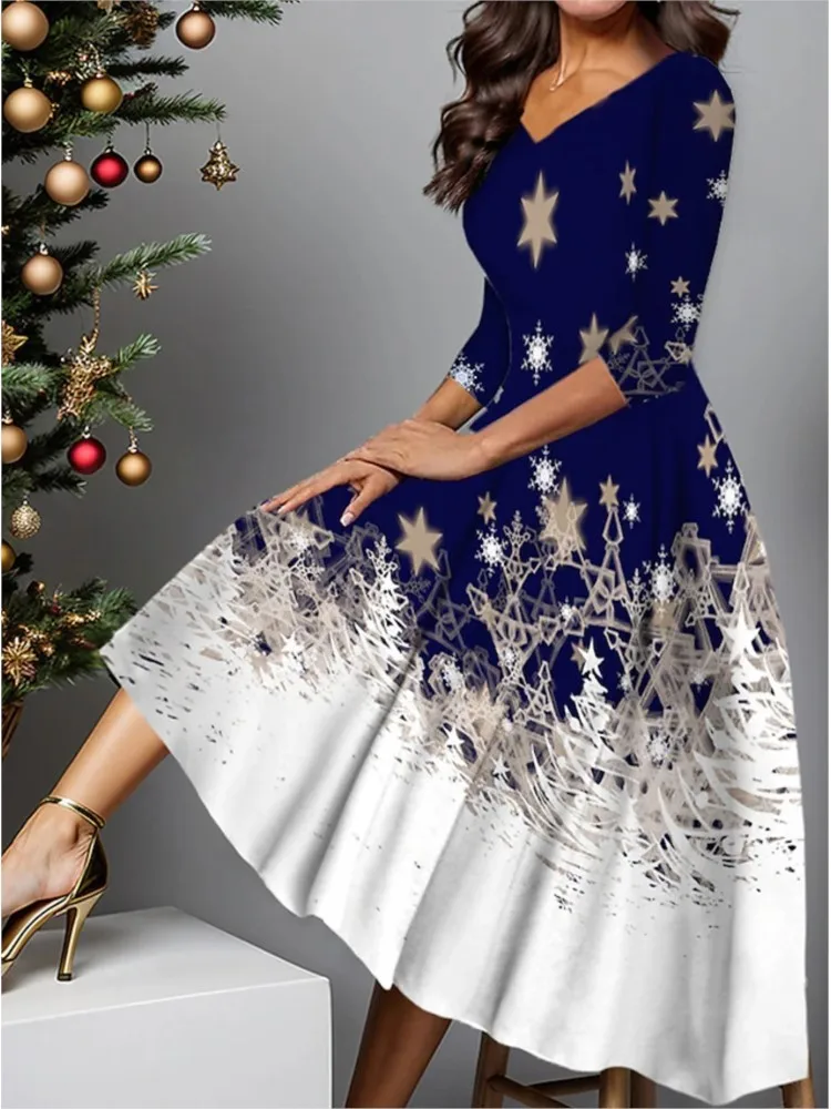 Christmas Pullover Long Skirt Fashion Printed V-neck Long-sleeved Swing Skirt Women's Loose Waist Comfortable Casual Dresses