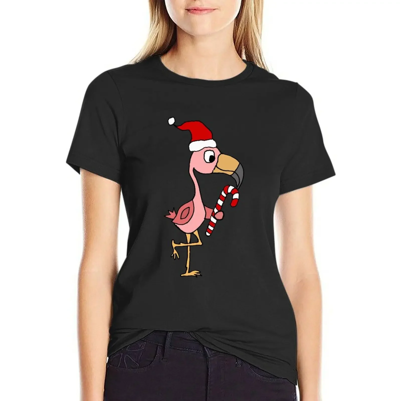 

Cool Funny Pink Flamingo Christmas Cartoon T-Shirt animal print Female clothing korean fashion vintage clothes Woman clothing
