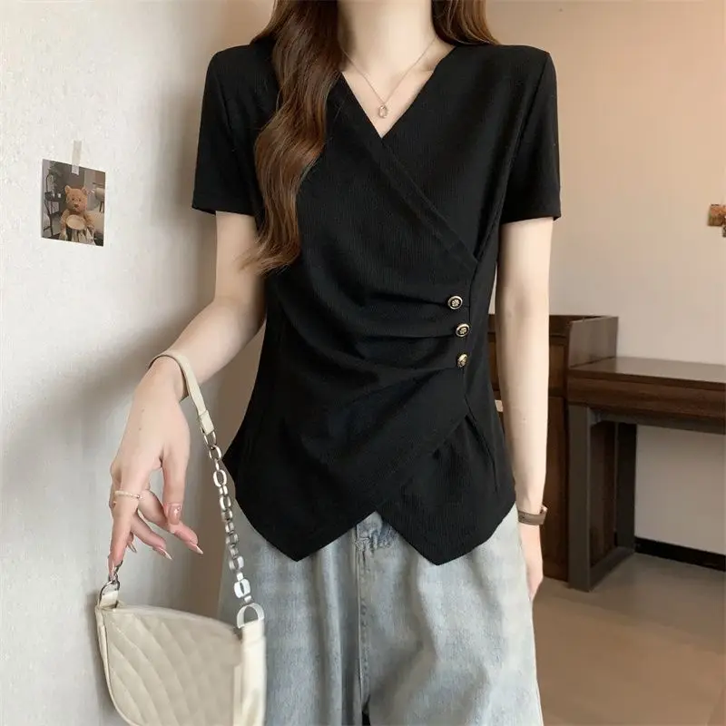 

plus Size Summer ort Sve T-irt Women's V-Ne Thin Asymmetrical Slimming Belly Covering Casual Sle Creative Pattern