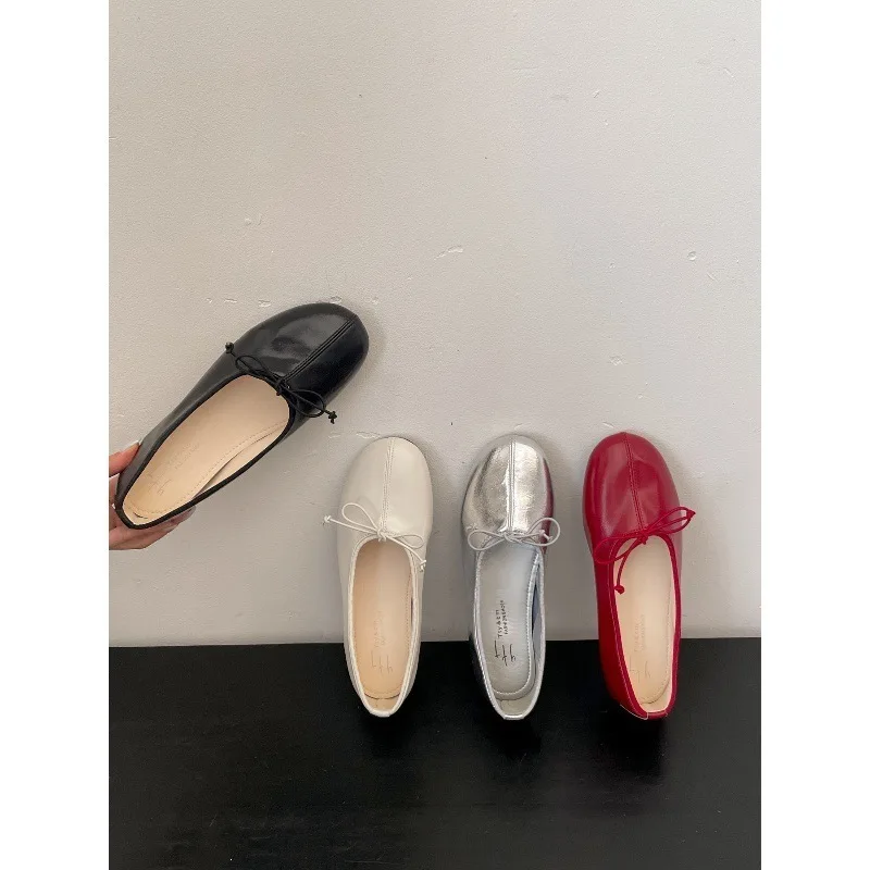 French Soft Bow Shallow Red Flats Women 2026 New Comfortable Soft Leather Mary Jane