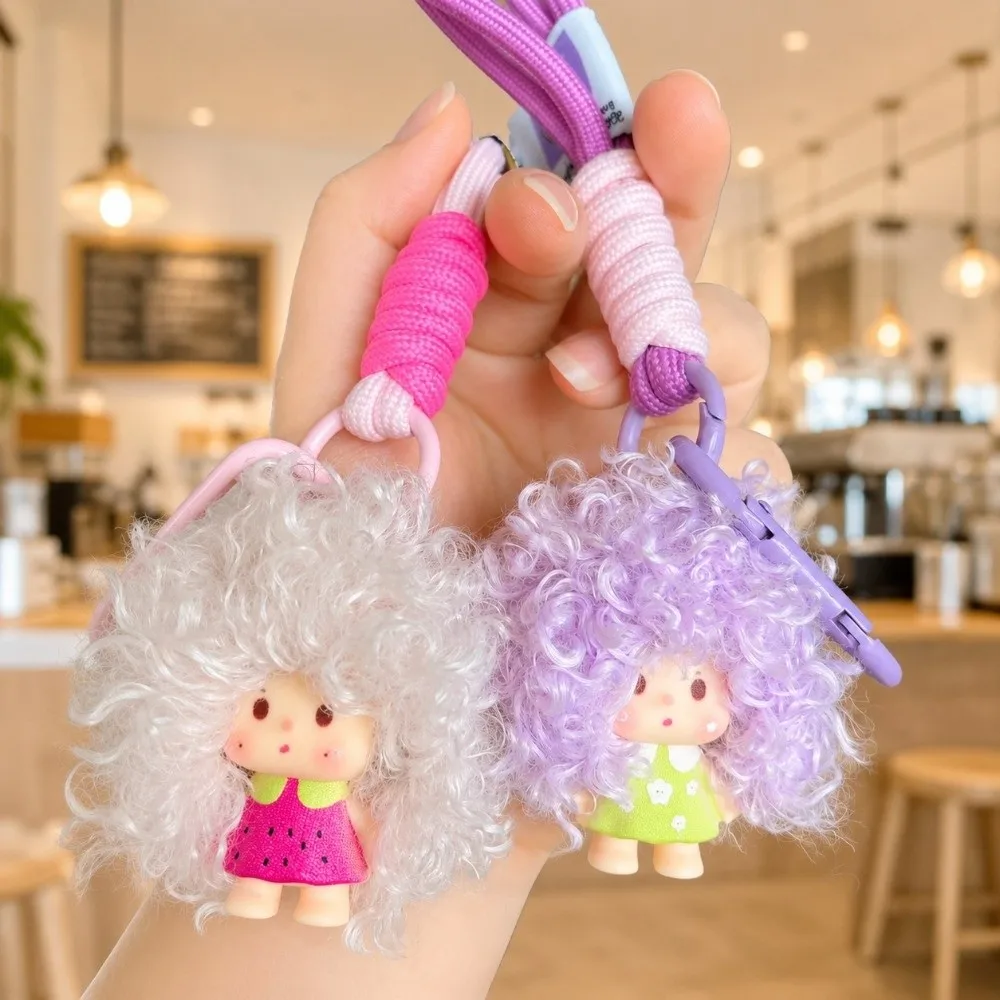 Cute Cartoon Curly Hair Doll Keychain Pendant Colorful Soft Doll Keychain with Lanyard Doll Bag Charm Party Favors