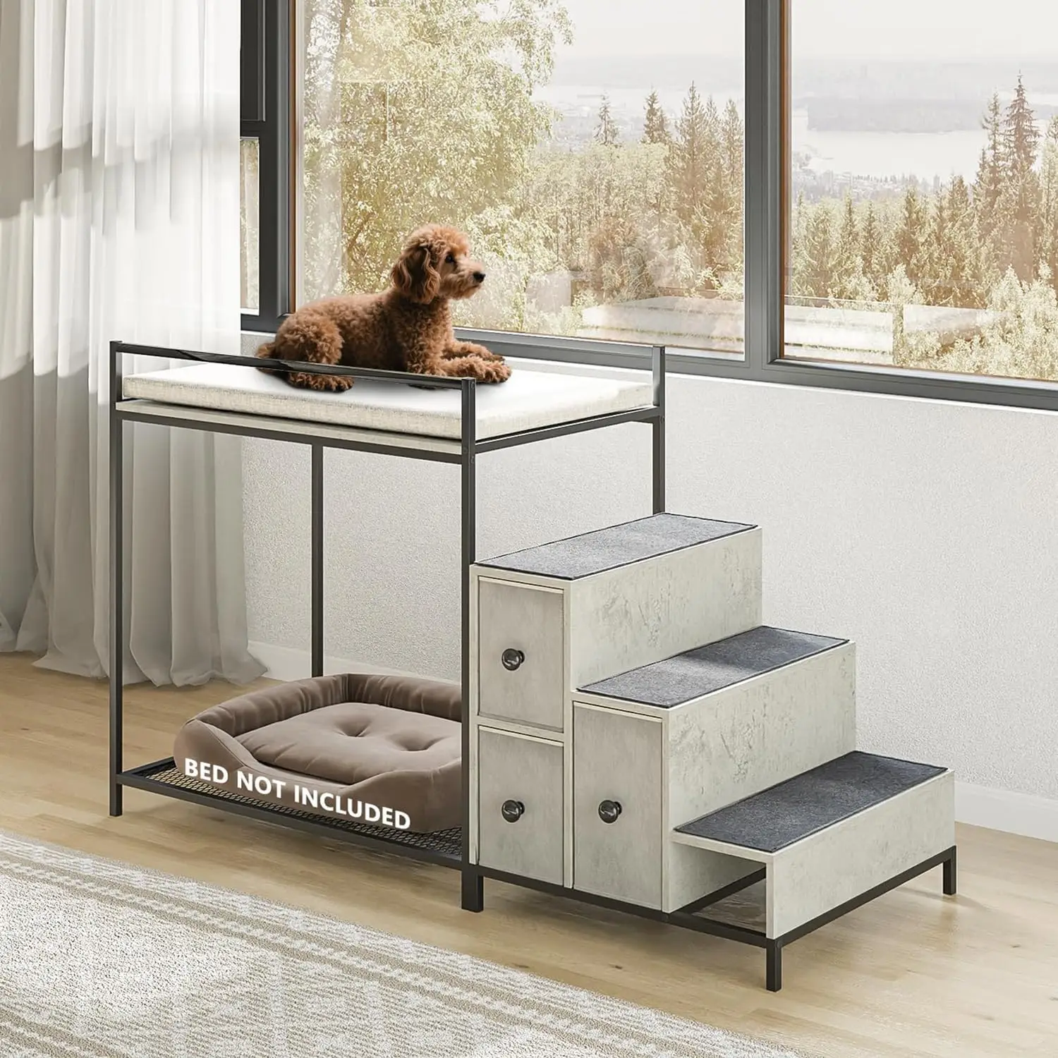 Dog Bunk Bed Cat Window Perch with Stairs and Drawers, Cat Window Seat Perch, Indoor Perch with Stairs for Small Medium Cats
