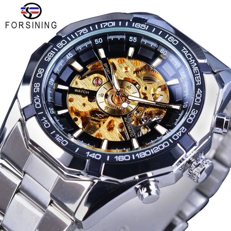 2021 Forsining Top Brand Full Stainless Steel Waterproof Mens Skeleton Watches Luxury Transparent Mechanical Sport Male Wrist