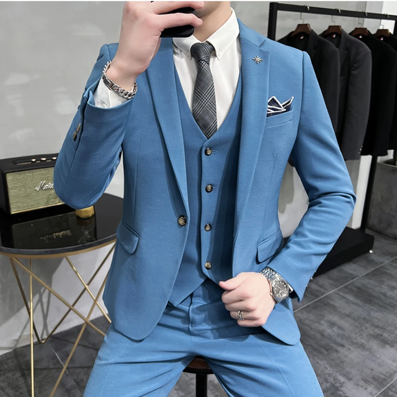 Business Men\'s Groomsmen Blazers Trousers Groom Wedding Dress Banquet Solid Color Slim Fit Suit Jacket Coat Vest Pants Set 3 Pcs