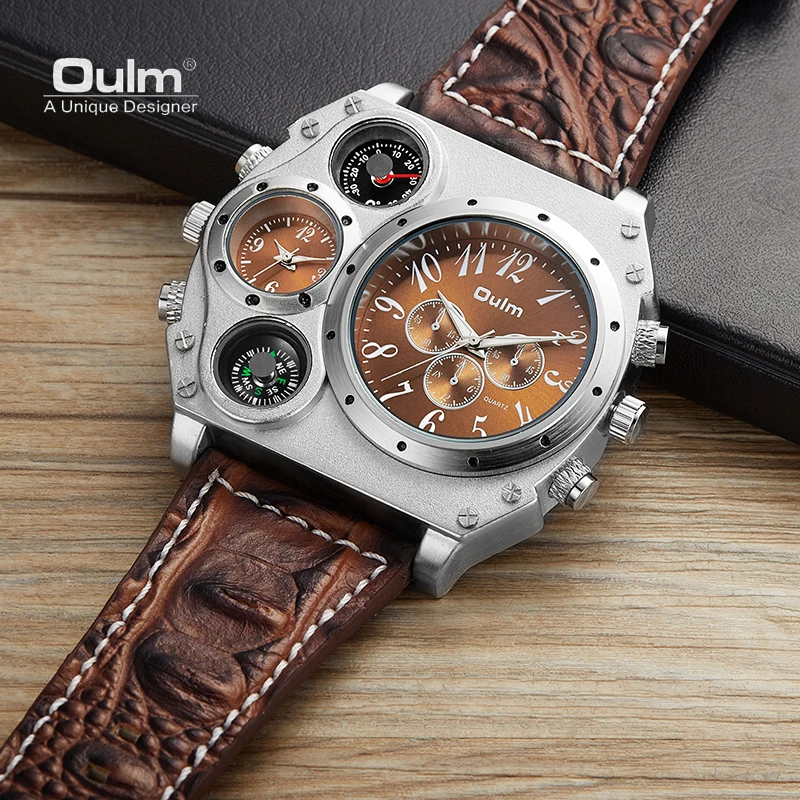 Oulm New Style Large Dial Unique Designer Men\'s Watch Luxury Brand Men Quartz Watch Men Two Time Zone Leather Sport Wristwatches