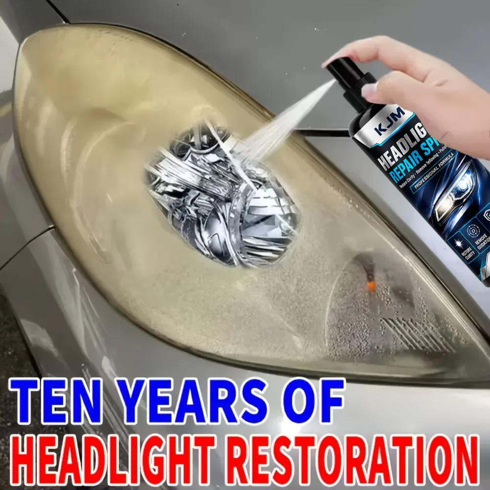 KJM Headlight Repair Spray 100ml Car Lens Restoration Polish Cleaner Removes Yellowing Oxidation With Sponge For Auto Lamps