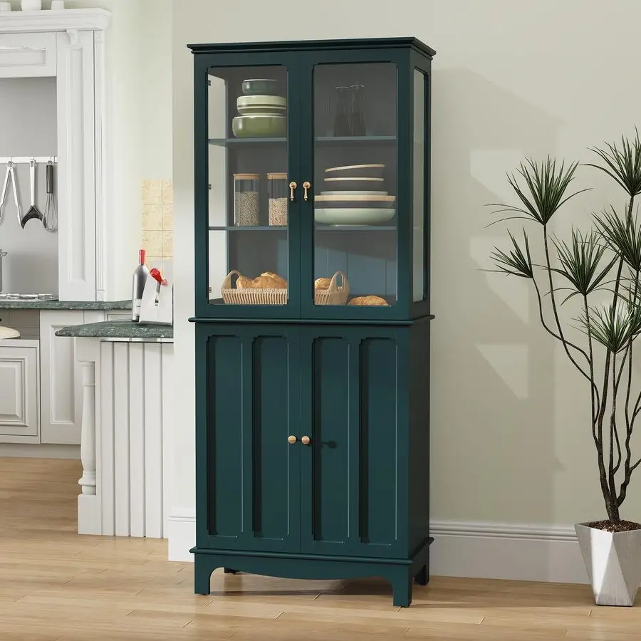 72 Freestanding Kitchen Pantry Storage Sideboard, Classical Tall Cabinet with Glass Door and Adjustable Shelves for Kitchen, Liv