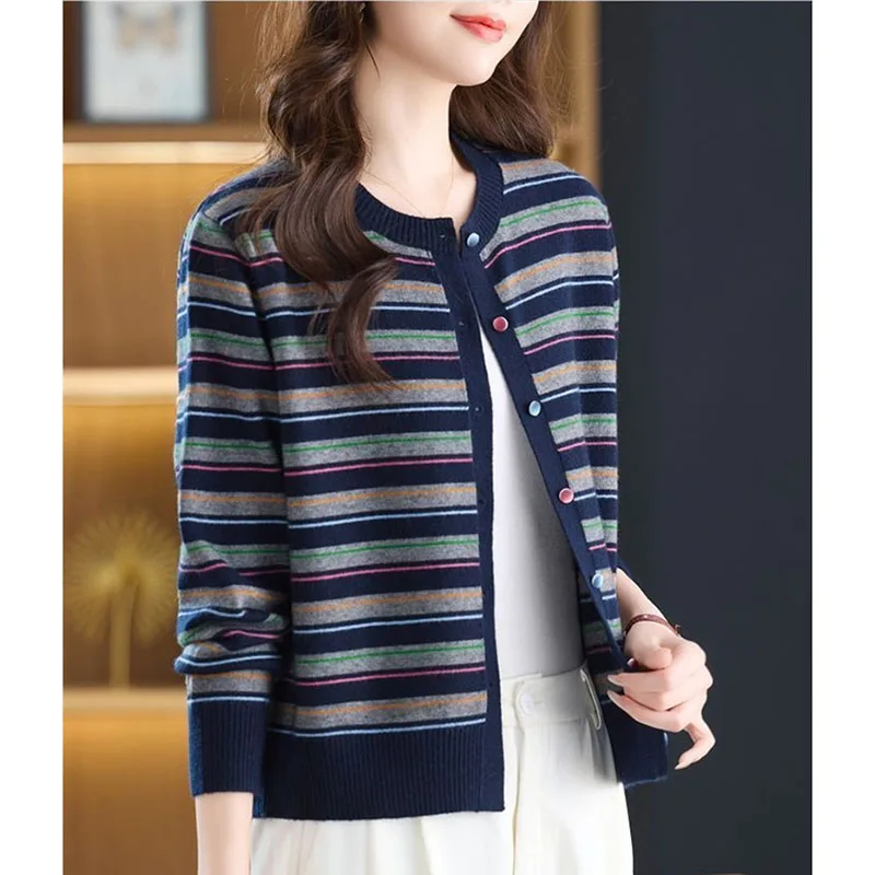 Color Blocking Striped Knitted Cardigan Sweter For Women Spring Autumn 2026 New Retro O-neck Sweater Jacket Korean Knit Coat
